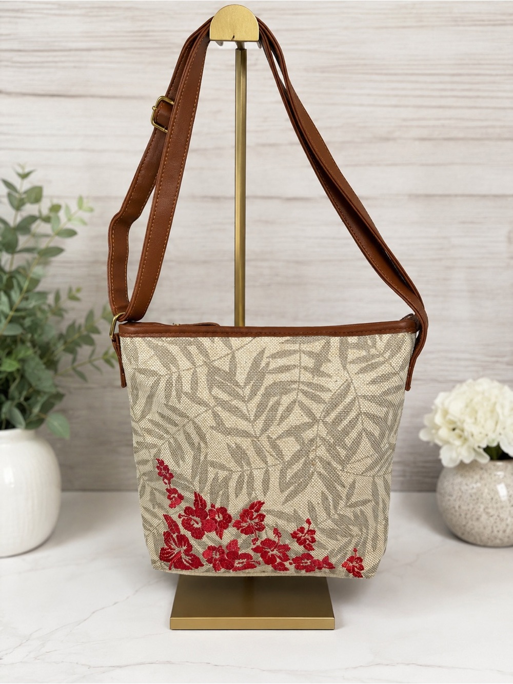Canvas Floral Crossbody Bag with Brown Trim